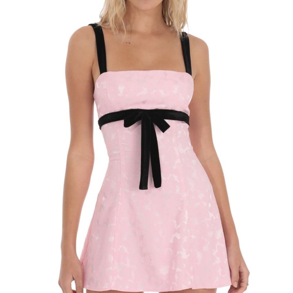 Lucy in the Sky || Pink Jacquard Velvet Ribbon Mini Dress
